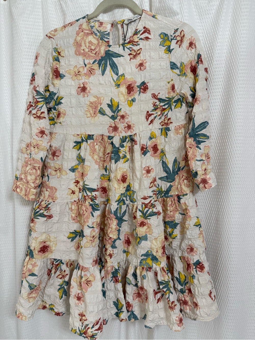 Zara Cream Floral Tiered Dress with Pink & Teal Blooms